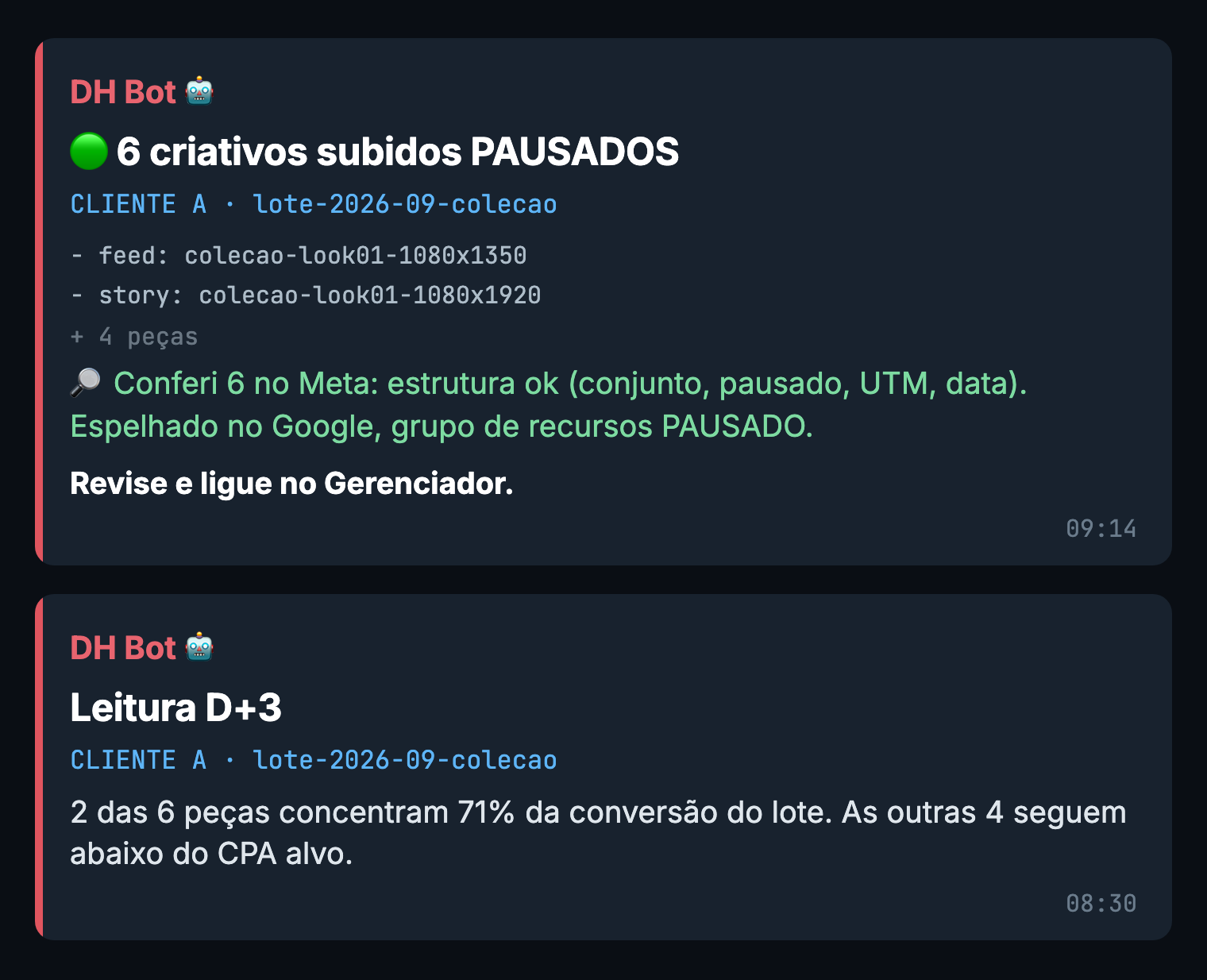 Robô de subida de criativo no Telegram